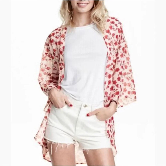 Womens H&M Divided Floral Print Red Poppy Lightweight Kimono Poncho - Sz Large - Picture 1 of 3